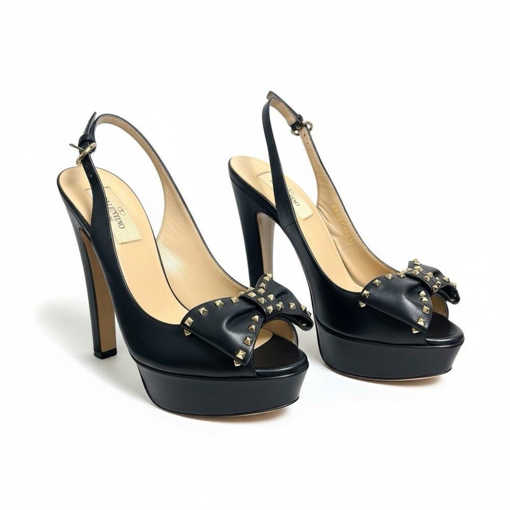 Valentino Garavani Rockstud Bow Platform Slingback Heels Leather EU 37 US 7